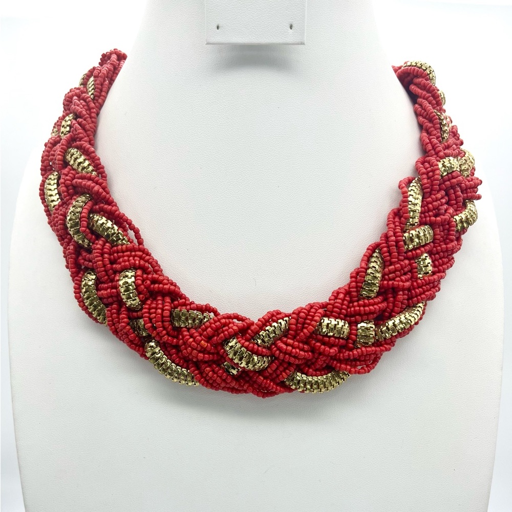 Vintage braided faux coral beads, gold tone chain  necklace 22” Oct Bol 4